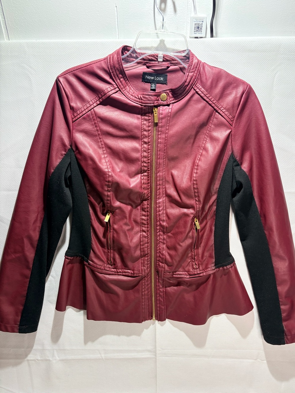 New Look Burgundy Faux Leather Peplum Jacket with Black Panels
